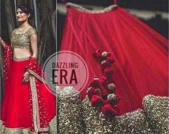 Designer Red Golden Net Sequence Lengha Choli For Womens Ready to Wear Lengha Choli Stunning Dupatta & Exclusive Latkans Latest Lehenga