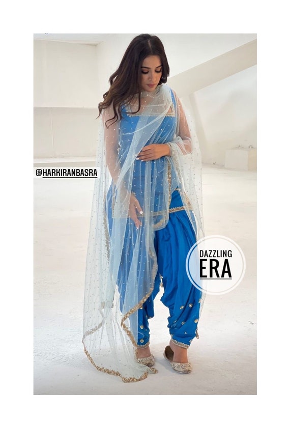 Buy Lamizor Orange & Skyblue Printed Cotton Patiala Suit (Stitched) at  Amazon.in