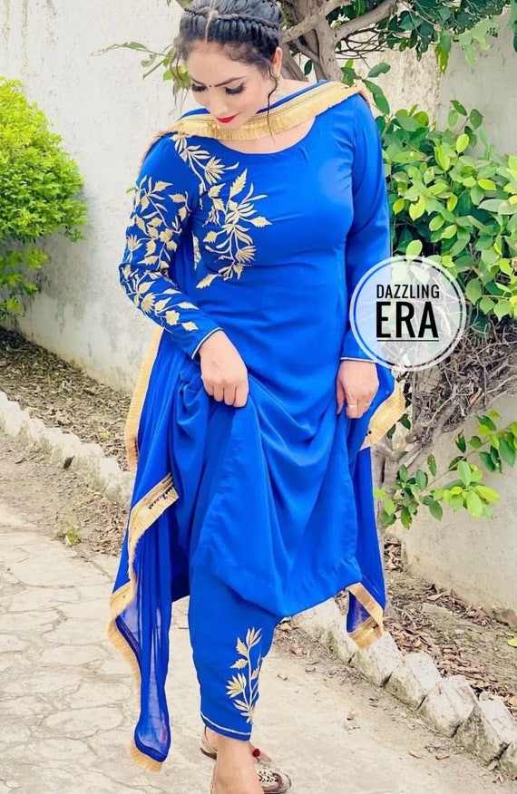 Navy Blue Mirror Work Punjabi Suit | Embroidered silk, Silk bottoms,  Patiala suit