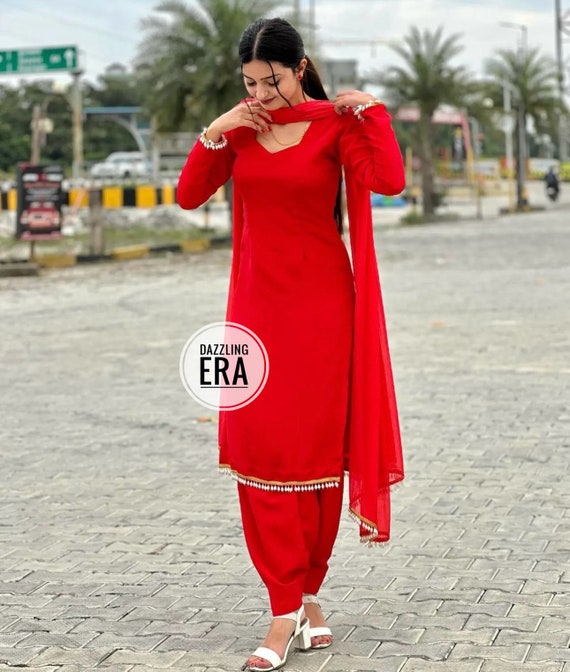 Designer Punjabi Red Salwar Kameez Suit Punjabi Patiala Shalwar Brocade  Silk Kurta Georgette Dupatta Custom Stitched for Girls and Womens - Etsy