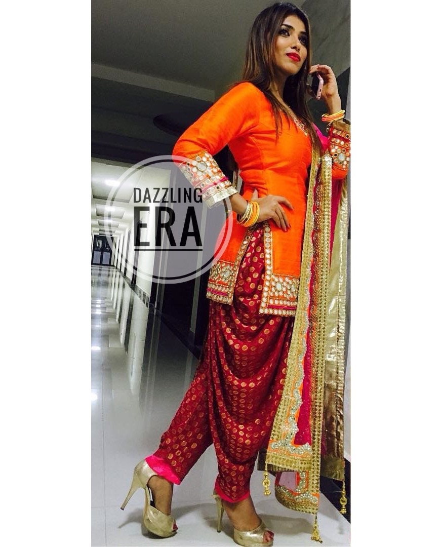 Orange Pink Salwar Kameez Suit Punjabi Dhoti Shalwar Brocade Silk Suit Net Dupatta Custom Stitched for Girls and Women