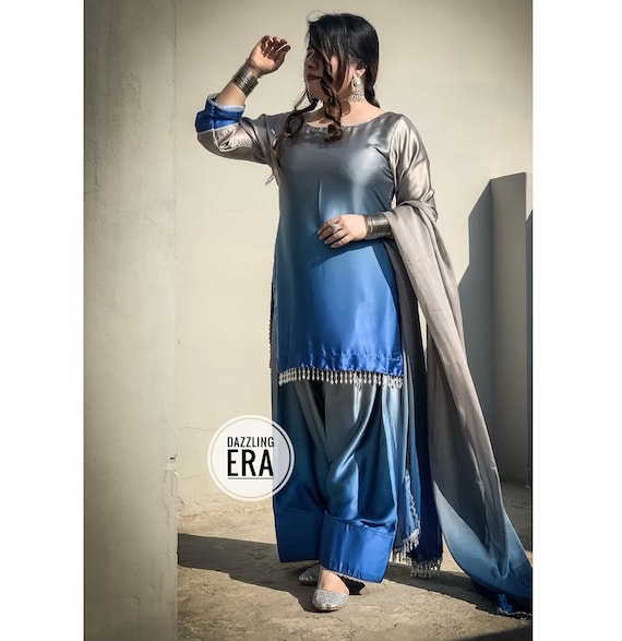 Designer blue Grey Ombre Farshi Shalwar Kameez Suit Heavy Eid Punjabi  Patiala Suit Farsi Salwar Suit Satin Silk Size: XXS US women's letter