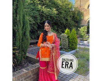Pink Orange Punjabi Sharara Suit Kameez Sharara Suit Custom Made Dress Suit Dupatta Kameez Indian Designer Lace Work Suit Upto Plus Sizes