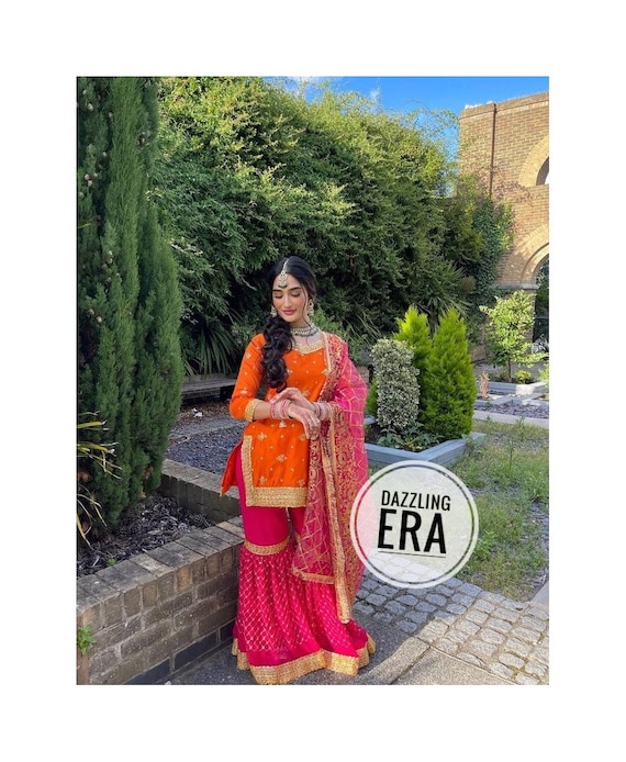 Pink Orange Punjabi Sharara Suit Kameez Sharara Suit Custom Made Dress Suit Dupatta Kameez Indian Designer Lace Work Suit Upto Plus Sizes Etsy UK