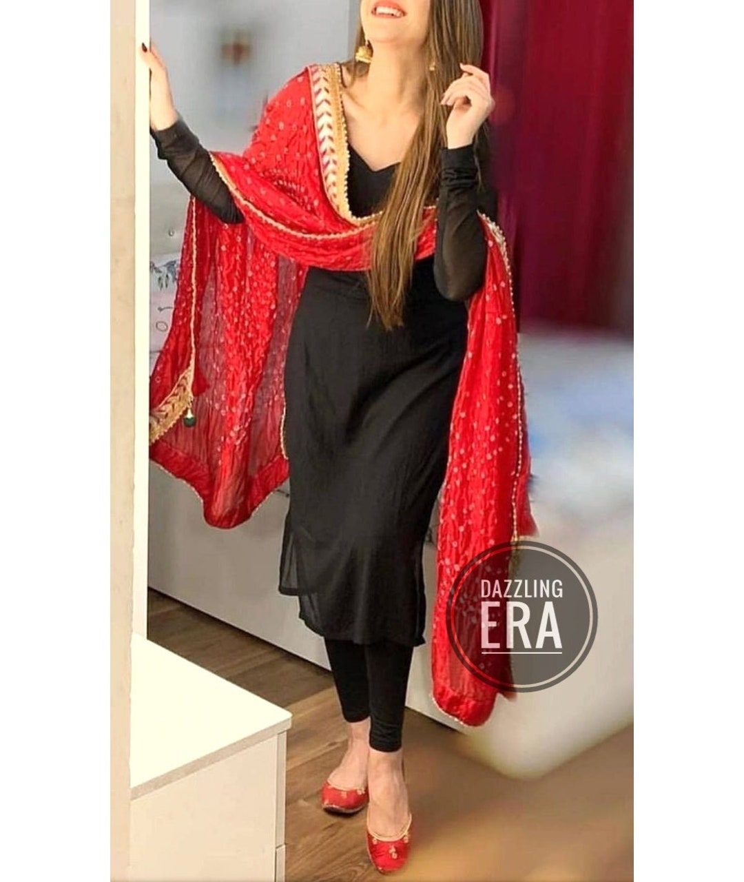Black and Red Chiffon Churidar Suit, Ankle Length Kameez Online - Andaaz  Fashion