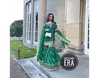 Designer Green Raw Silk Sharara Suit Women Kameez Sharara with Duppata Heavy Lace Work Embroidery Work Punjabi Wedding Wear Pakistani Dress