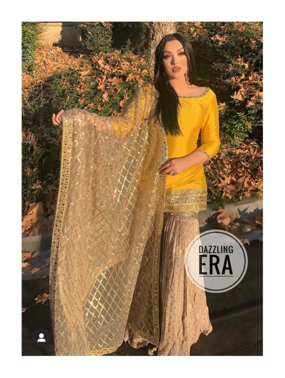 Stitched Sarara Kurti Pair Pink And White Indian Pakistani Sharara Suit  Dupatta | eBay