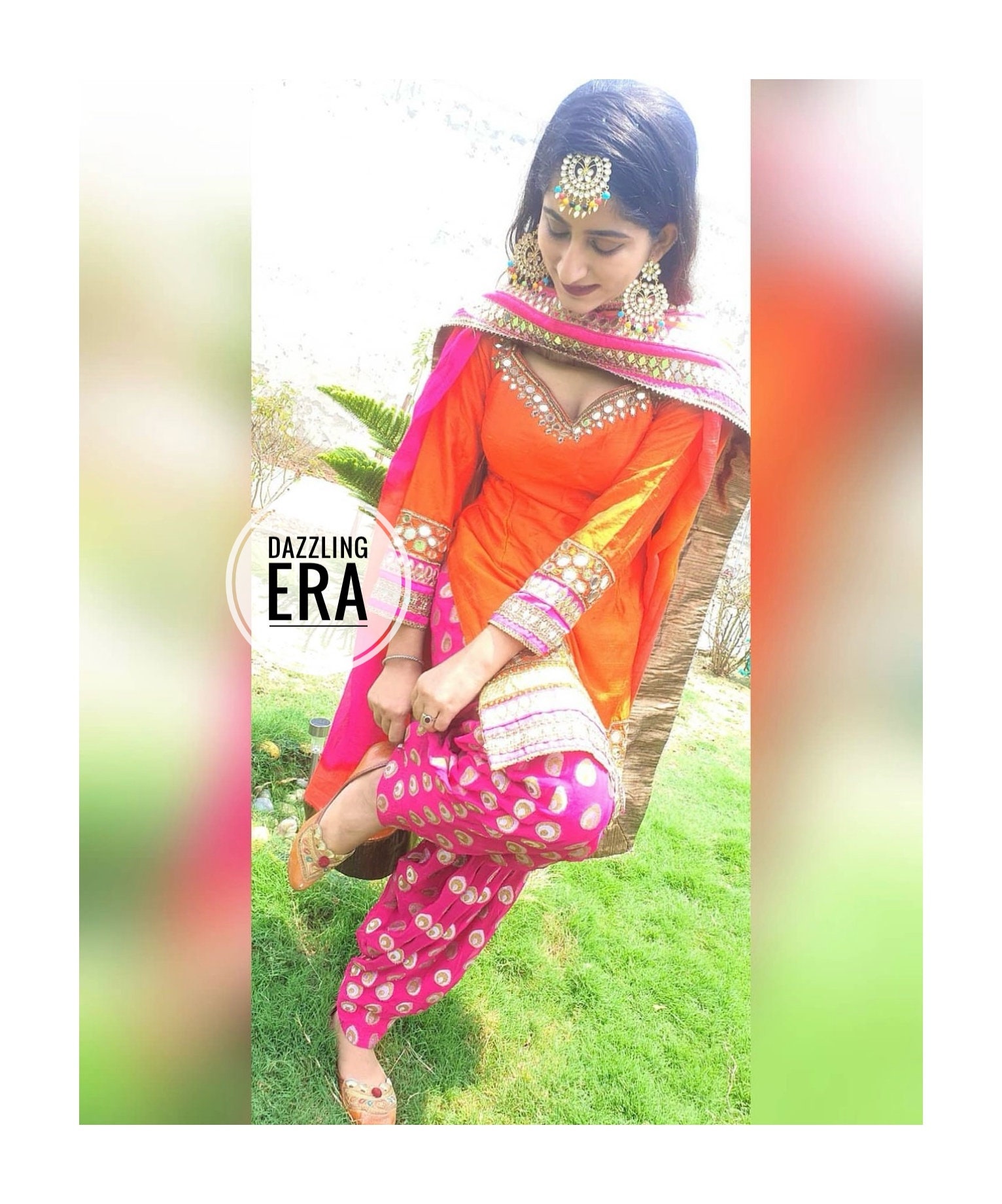 Punjabi Brocade Silk Pink Orange Salwar Kameez Suit Punjabi