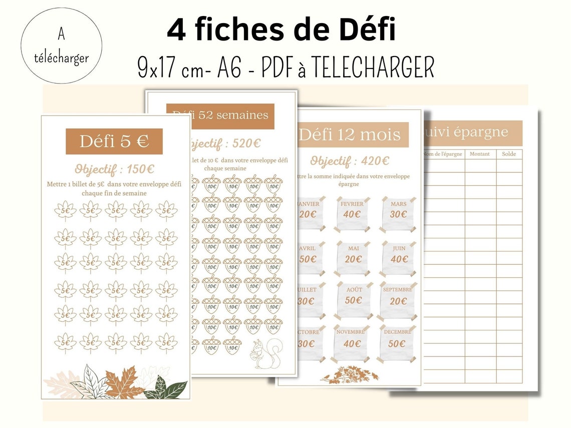 4 Fiches de défi budget téléchargeable pour faire des économies - Etsy