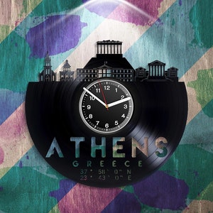 Athènes Grèce Disque Vinyle Horloge Murale Voyage Amoureux Cadeau Villes Décoration Murale Cadeau De Mariage pour Couple Antique Grec Original Art