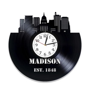 Madison Wisconsin Vinyl Record Clock Cities Silhouettes Wall Art Living Room Skyline Decor Christmas Gift for Women