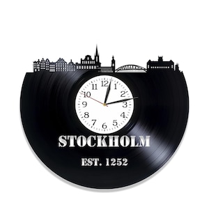 Stockholm suède disque vinyle horloge monde voyage décor pour bureau ville horizon mur Art cadeau d'anniversaire pour collègue