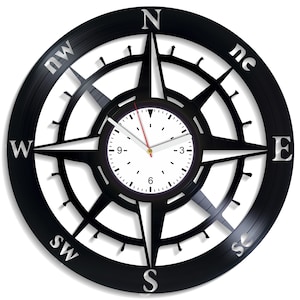 Compass Rose Wall Clock made from Vinyl Record, Vintage Decor for Office, Christmas Gift for Boss, Unique Wall Art