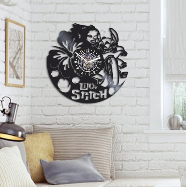 Lilo and Stitch Wall Clock Made From Vinyl Record, Unique Bedroom Wall