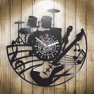 Guitar Drums Wall Clock made from Vinyl Record, Unique Art Idea for Music Lover, Xmas Gift for Women, Music Instruments Decor