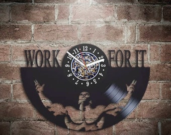 GYM Motivation Wall Clock made from Vinyl Record, Unique Decor Idea for Bedroom, Birthday Gift for Him, Wall Hangings Art