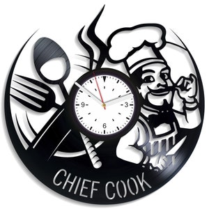 Chef Cook Wall Clock made from Vinyl Record, Vintage Decor for Kitchen, Christmas Gift for Men, Unique Wall Art