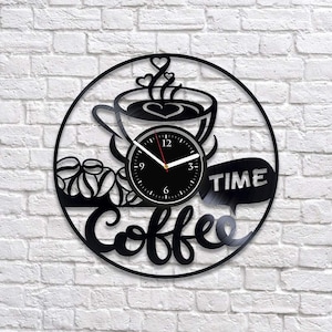 Coffee Wall Clock made from Vinyl Record, But First Coffee Decor for Kitchen, Original Gift for Coffee Lovers, Coffee Vintage Art