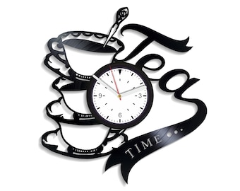 Tea Cups Wall Clock made from Vinyl Record, Vintage Decor for Kitchen, Housewarming Gift for Parents, Original Wall Art