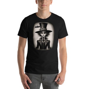 May include: Black and white illustration of a skeleton wearing a top hat and a suit. The skeleton has a bat above its head. The illustration is on a black t-shirt.
