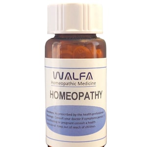 May include: A brown glass bottle with a white lid filled with orange pills. The bottle label reads "WALFA Homeopathic Medicine HOMEOPATHY" and includes instructions for use.
