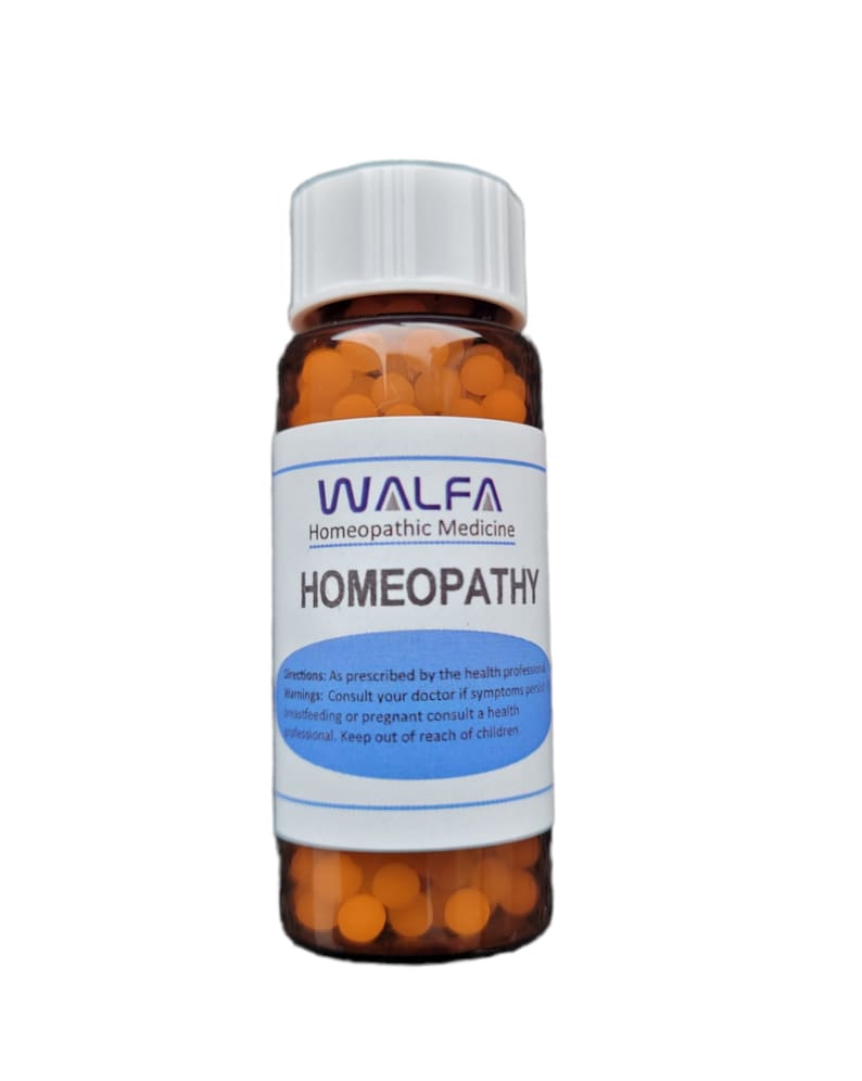 May include: A small brown bottle with a white lid filled with orange round pills. The bottle label reads "WALFA Homeopathic Medicine HOMEOPATHY".