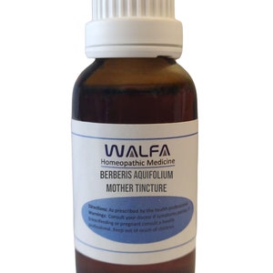 May include: A brown glass bottle with a white cap, labeled "WALFA Homeopathic Medicine BERBERIS AQUIFOLIUM MOTHER TINCTURE". The label also includes directions and warnings for use.