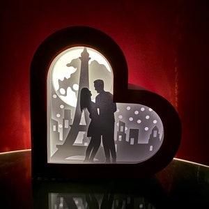 Caja de sombras de linterna de papel en forma de corazón- Descarga digital SVG - San Valentín, Bodas, Regalo romántico / Pareja en París - Plantilla de corte de tarjetas