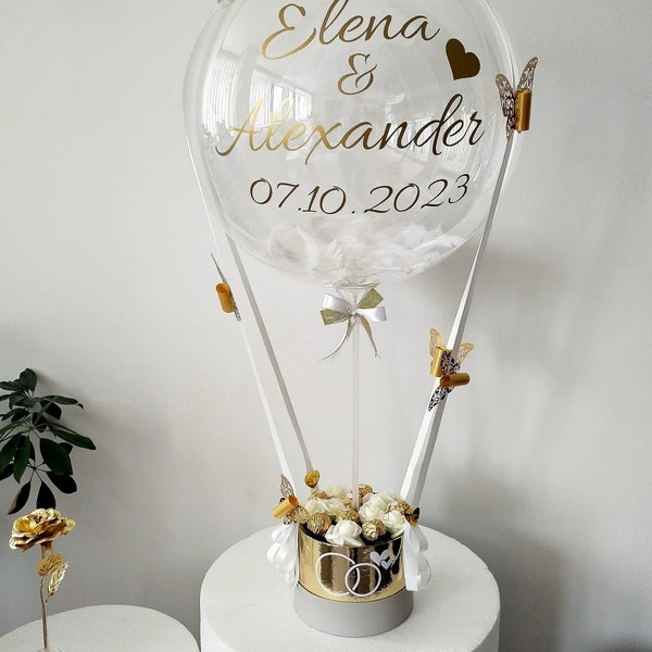 Hochzeitsgeschenk Paar|Hochzeitsgeschenk mit Rosen und Pralinen|Geschenkballon mit Federn/Namen|perfektes Hochzeitsgeschenk| Hochzeit Ballon