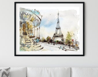 Paris Carousel & Eiffel Tower Art Print: French City Watercolor