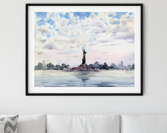 Aquarel vrijheidsbeeld: kunst skyline New York City