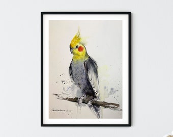 鮮やかなオウムの水彩画、オリジナルのエキゾチックな鳥のアート