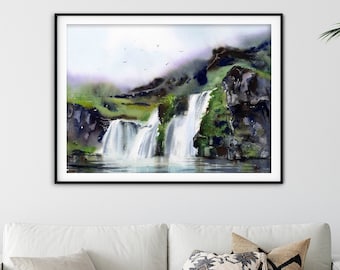 Waterfall Art Print, Iceland Nature Wall Art, Icelandic Landscape Painting, Modern Home Decor, Fine Art Print, Green