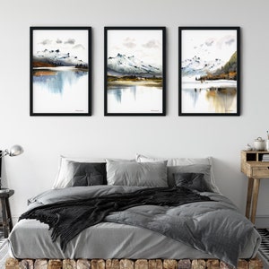Nature prints, Mountain wall art, Landscape Paintings, Autumn Forest, Mountains Watercolor Trees, Landscape set of 3
