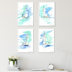 Yacht Watercolor Print Set: Kids Nautical Coastal Wall Art
