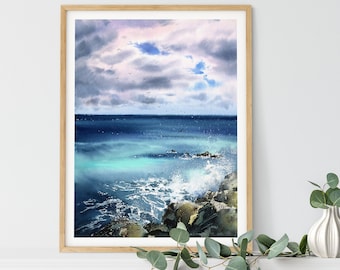 Blue Seascape Art Print: Coastal Wave Painting on Canvas