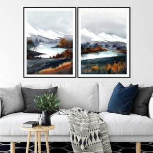 Set di 2 stampe artistiche da parete moderne con montagne autunnali vibranti, design astratto, tela giclée e carta per acquerello