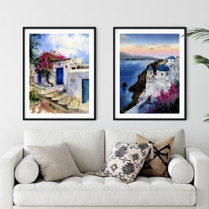 Santorini Watercolor Print Set: Blush Mediterranean Coastal Art