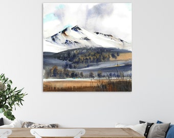 Fall Mountain Art Print, Square Abstract Painting, Watercolor Landscape, Large Print on Canvas, Living Room Wall Decor