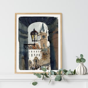 Prague Watercolor Art Print: Charles Bridge, European Architecture