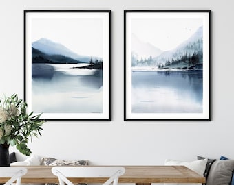 Conjunto de impresiones en acuarela de Misty Mountain: paisaje abstracto de lago