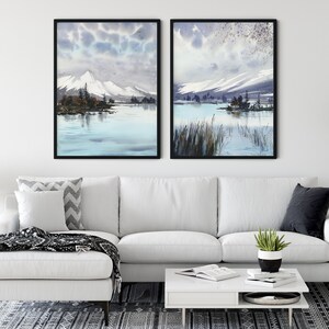 Par de impresiones de montaña turquesa, conjunto de arte de paisaje minimalista, decoración del hogar contemporánea, tapices de pared modernos