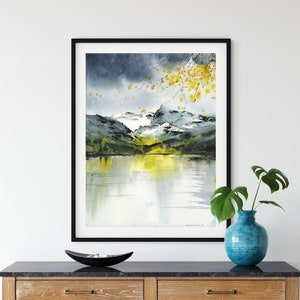 Impresión artística de acuarela de un lago de montaña: Álamos otoñales, decoración de pared natural
