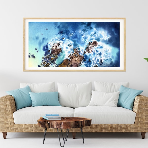 Panorama Coastal Art Print, Blue Sea Painting, Panoramic Ocean Art, Wave Living Room Wall Decor, Seascape, Coastline