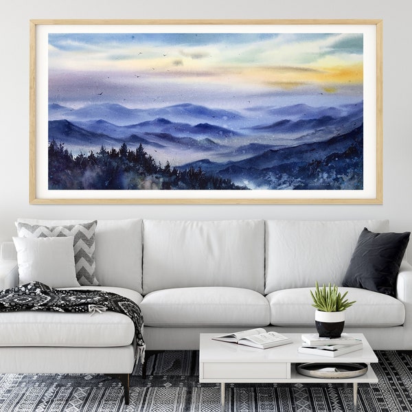 Mountain Panorama Art Print - Nature Inspired Home Decor - Large Canvas Painting - Above Bed Wall Art