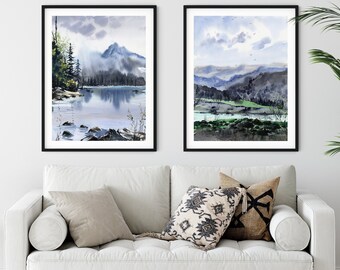 Conjunto de 2 impresiones de montaña, arte de paisaje de acuarela, decoración de pared natural, bosque de pinos
