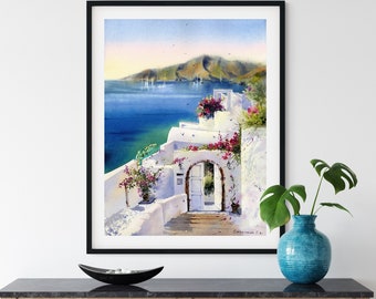 Impresión artística de Santorini: acuarela de la isla griega, decoración de pared costera