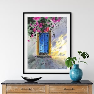 Vintage Greek Blue Door Print - Charming Watercolor Art, Mediterranean Decor, Bougainvillea Wall Art
