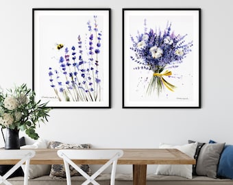 Lavender Watercolor Art Prints Set: Provence Bee Flower Decor