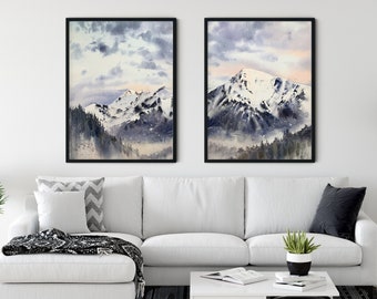 Conjunto de impresiones de paisajes de montaña: Arte mural de pino en acuarela